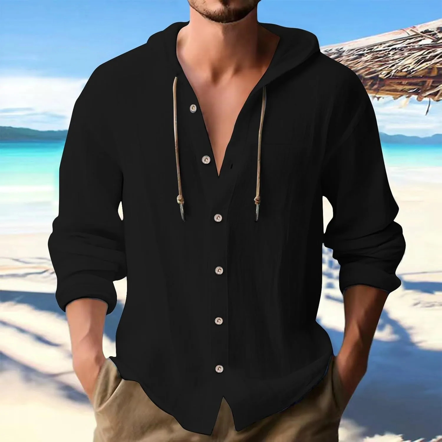 100 Percent Cotton Linen Hoodies for Men Long Sleeve Button Down Shirt Active Athletic Workout Sweatshirts for Men