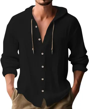 100 Percent Cotton Linen Hoodies for Men Long Sleeve Button Down Shirt Active Athletic Workout Sweatshirts for Men