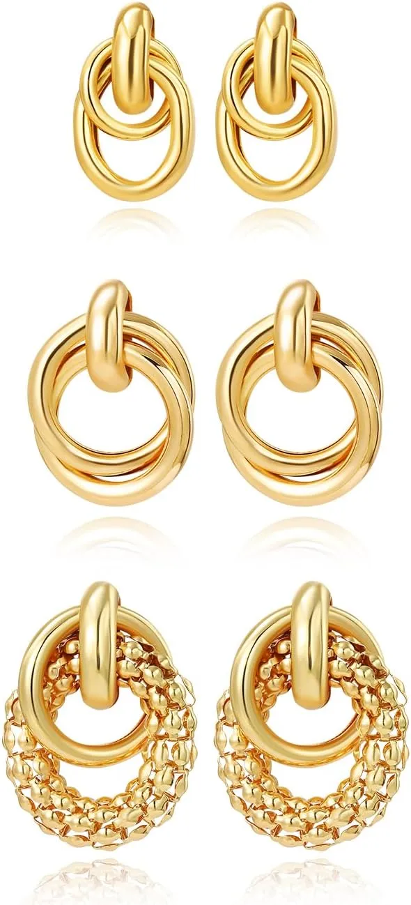 14K Gold Plated Chunky Earrings Set for Women, Geometric Drop Dangle Earrings for Women, Knot Link Drop Dangle Earrings Trendy Jewelry Gift, Twisted Earring Hypoallergenic