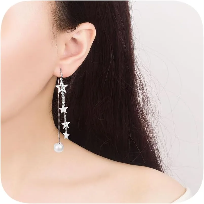 14K Gold Plated Sterling Silver Posts Drop Dangle Chain Earrings for Women,Dangling Chain Studs Cubic Zirconia Pearl Drop Earrings Jewelry Ball Threader Earscapes Earrings(Silver)