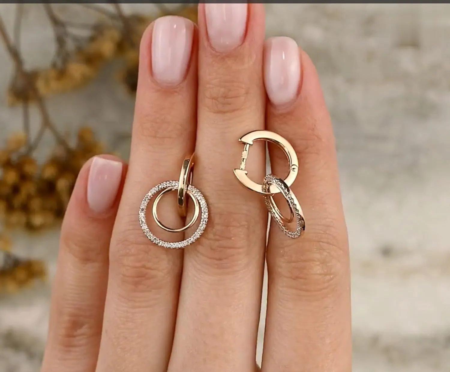 14K Gold Round Diamond Double Hoop Drop Earring,Geometric Diamond Drop Earring,Modern Dangle Convertible Huggie,Gift for Her.