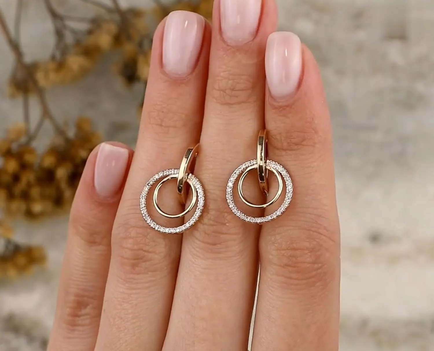14K Gold Round Diamond Double Hoop Drop Earring,Geometric Diamond Drop Earring,Modern Dangle Convertible Huggie,Gift for Her.