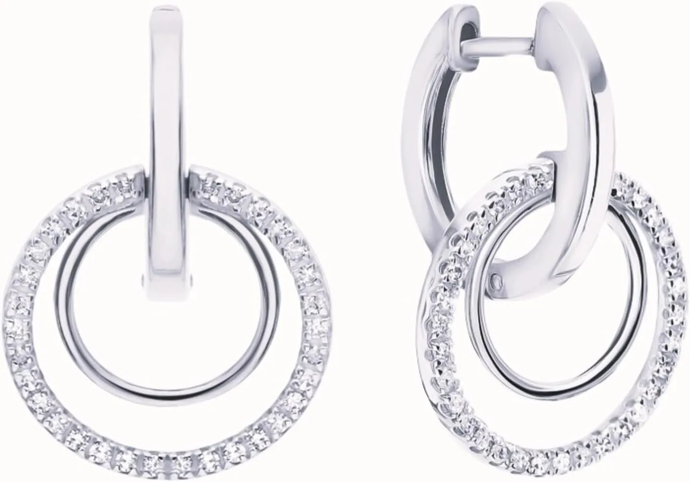14K Gold Round Diamond Double Hoop Drop Earring,Geometric Diamond Drop Earring,Modern Dangle Convertible Huggie,Gift for Her.