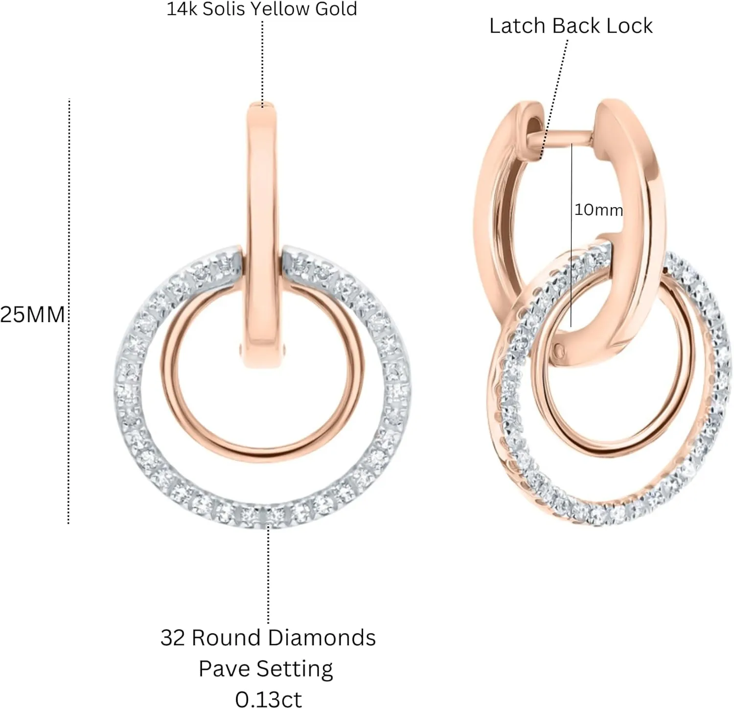 14K Gold Round Diamond Double Hoop Drop Earring,Geometric Diamond Drop Earring,Modern Dangle Convertible Huggie,Gift for Her.