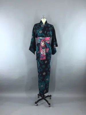 1930s Vintage Silk Kimono Robe / Black & Turquoise Blue Ikat