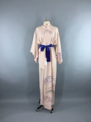 1970s Vintage Silk Kimono Robe in Sheer Blush Pink