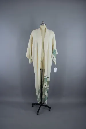 1970s Vintage Silk Kimono Robe / Ivory & Blue Green Watercolor