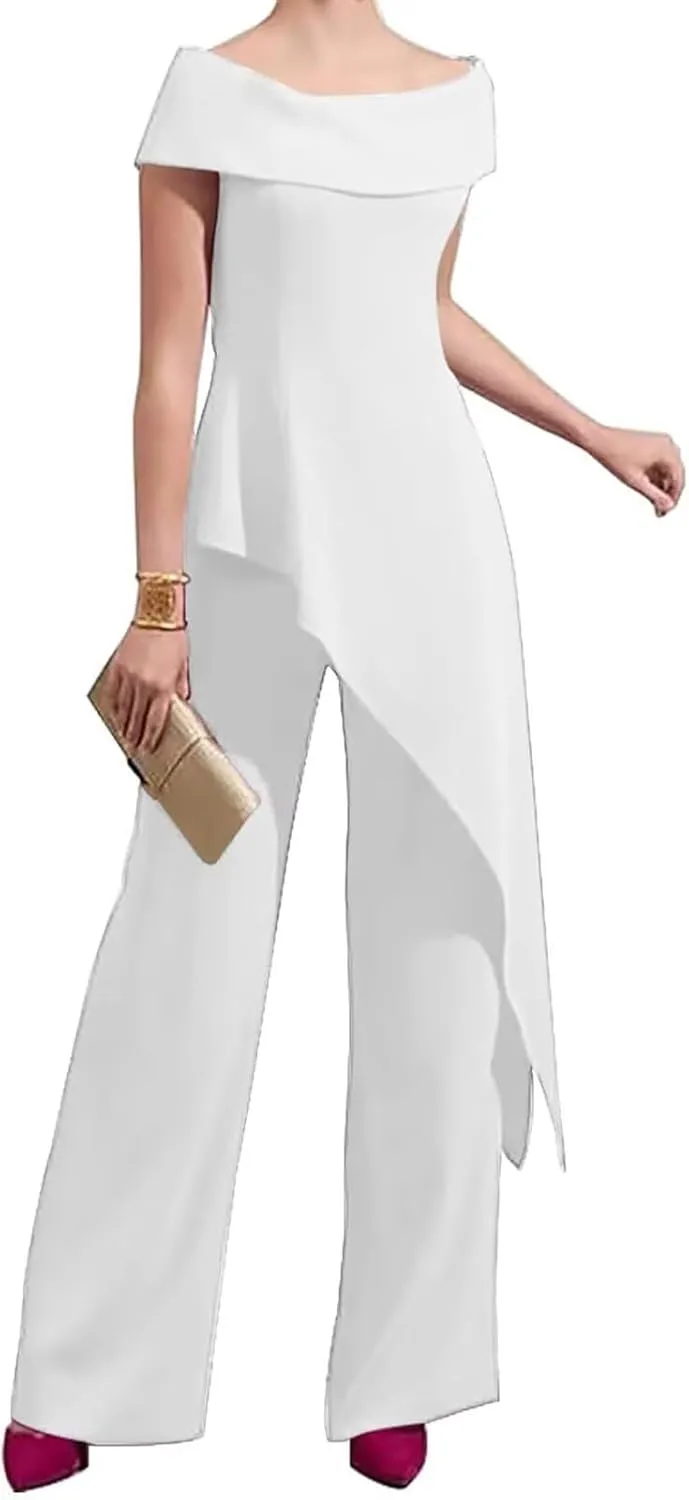 2 Pieces Chiffon Mother of The Bride Pant Suits for Wedding Off Shoulder Long Pantsuits for Women Formal Outfits