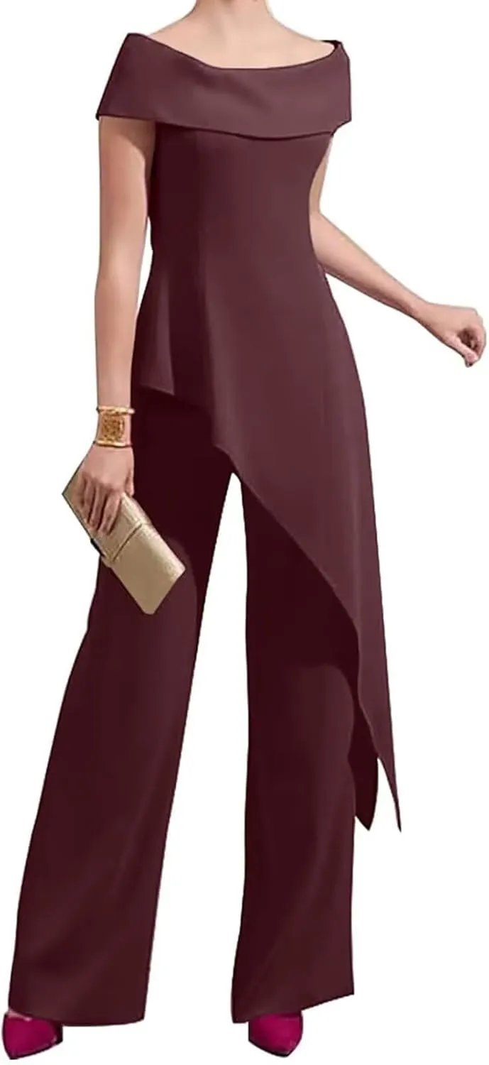 2 Pieces Chiffon Mother of The Bride Pant Suits for Wedding Off Shoulder Long Pantsuits for Women Formal Outfits