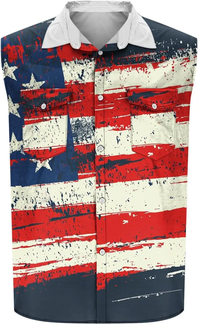 2025 USA Flag Striped Shirts for Men Casual Button Down Collared Tank Tops Summer Sleeveless Shirt Beach Active Tees