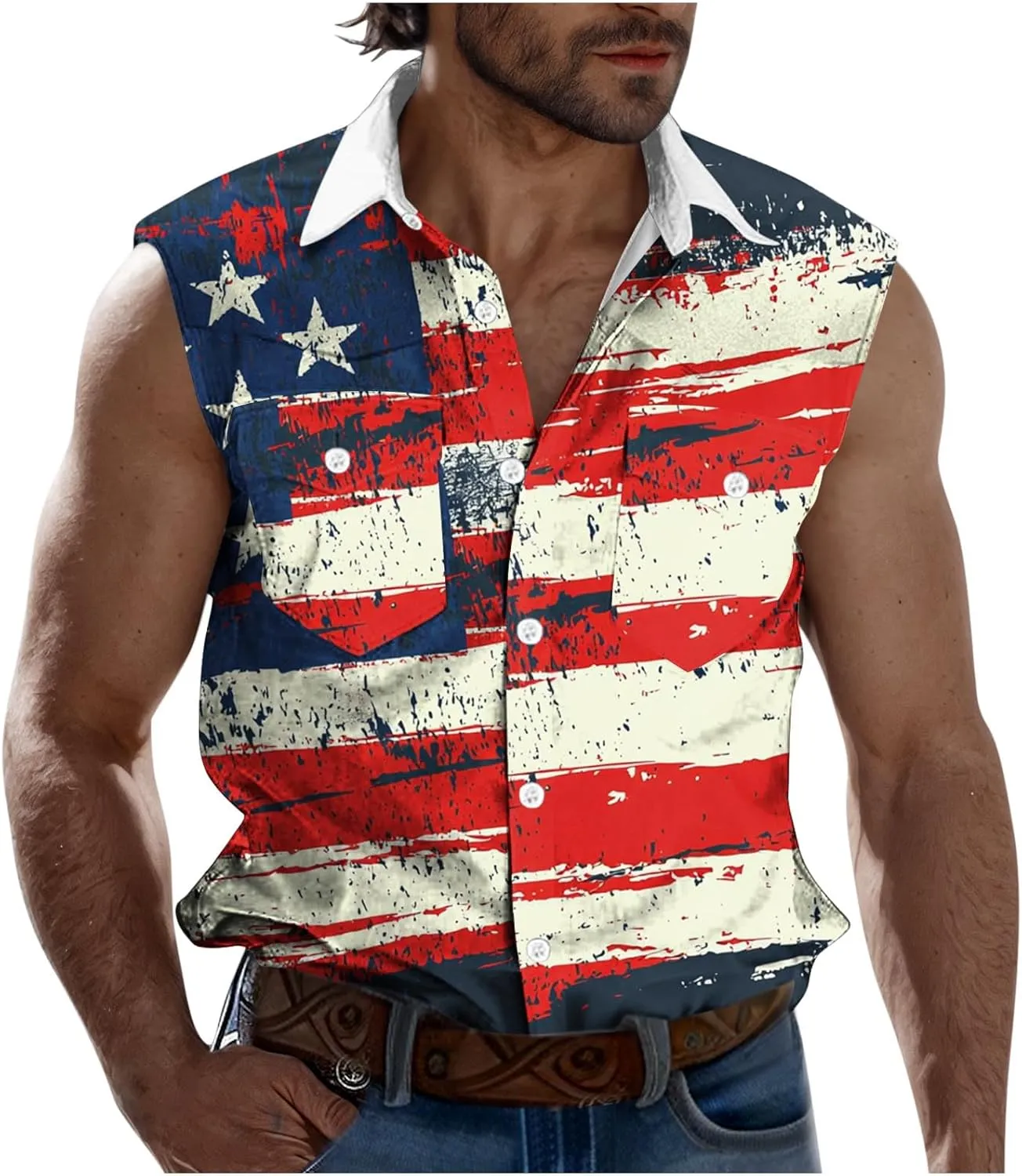 2025 USA Flag Striped Shirts for Men Casual Button Down Collared Tank Tops Summer Sleeveless Shirt Beach Active Tees