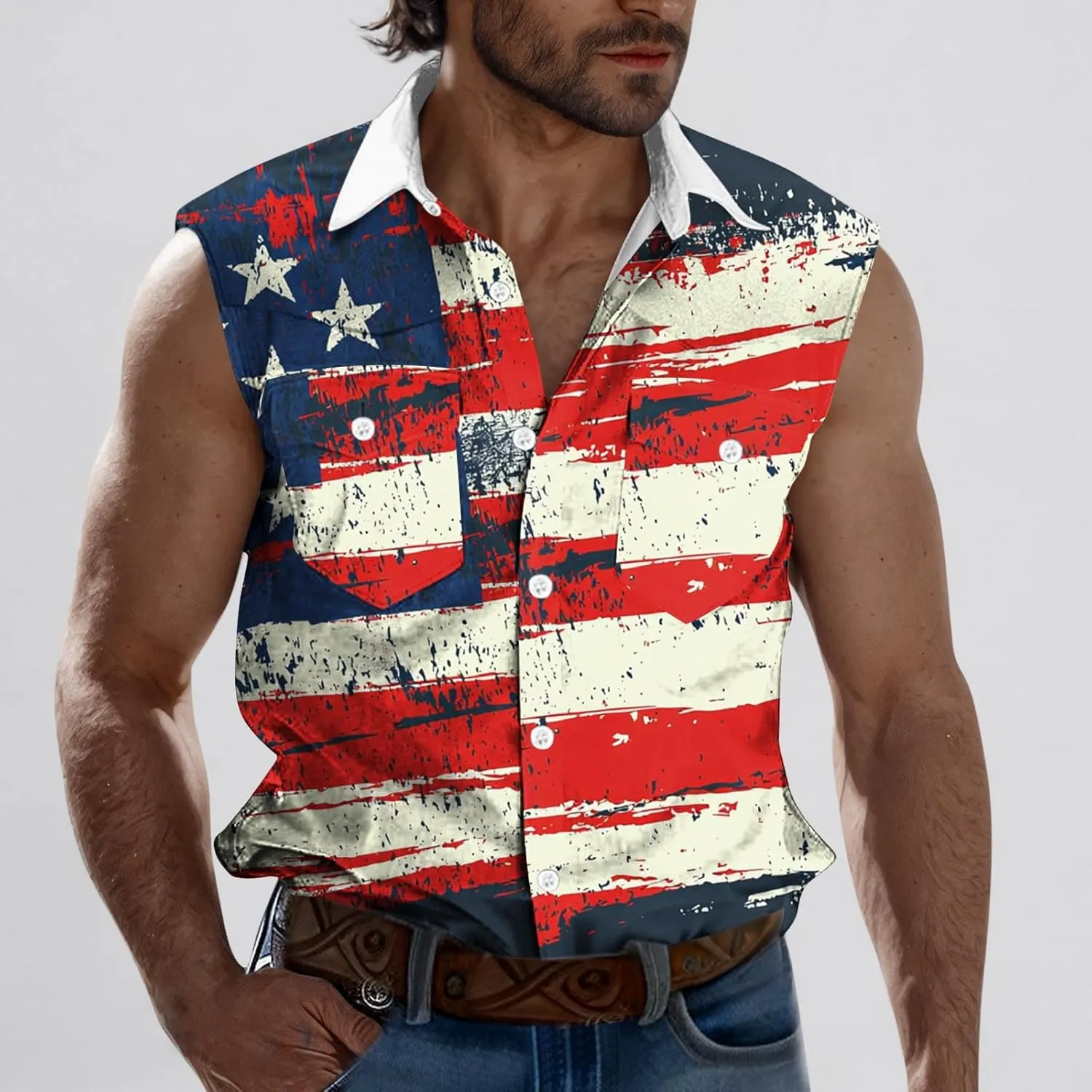 2025 USA Flag Striped Shirts for Men Casual Button Down Collared Tank Tops Summer Sleeveless Shirt Beach Active Tees