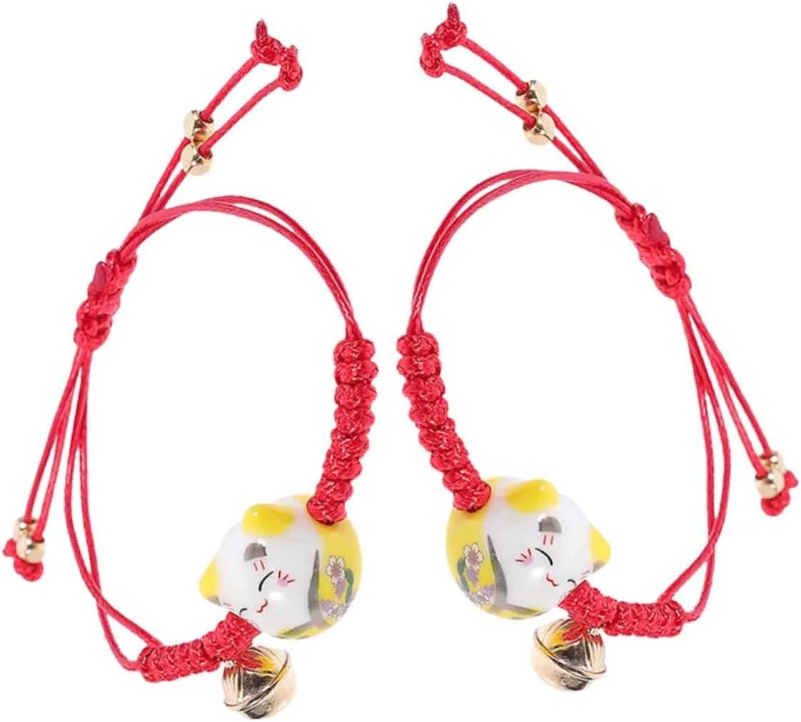 2pcs Adjustable Cat Maneki Neko Bracelet Handmade Weave Red Rope Protection Jewelry for Couples and Friends with Beads and Bell Fashionable DIY Accessory