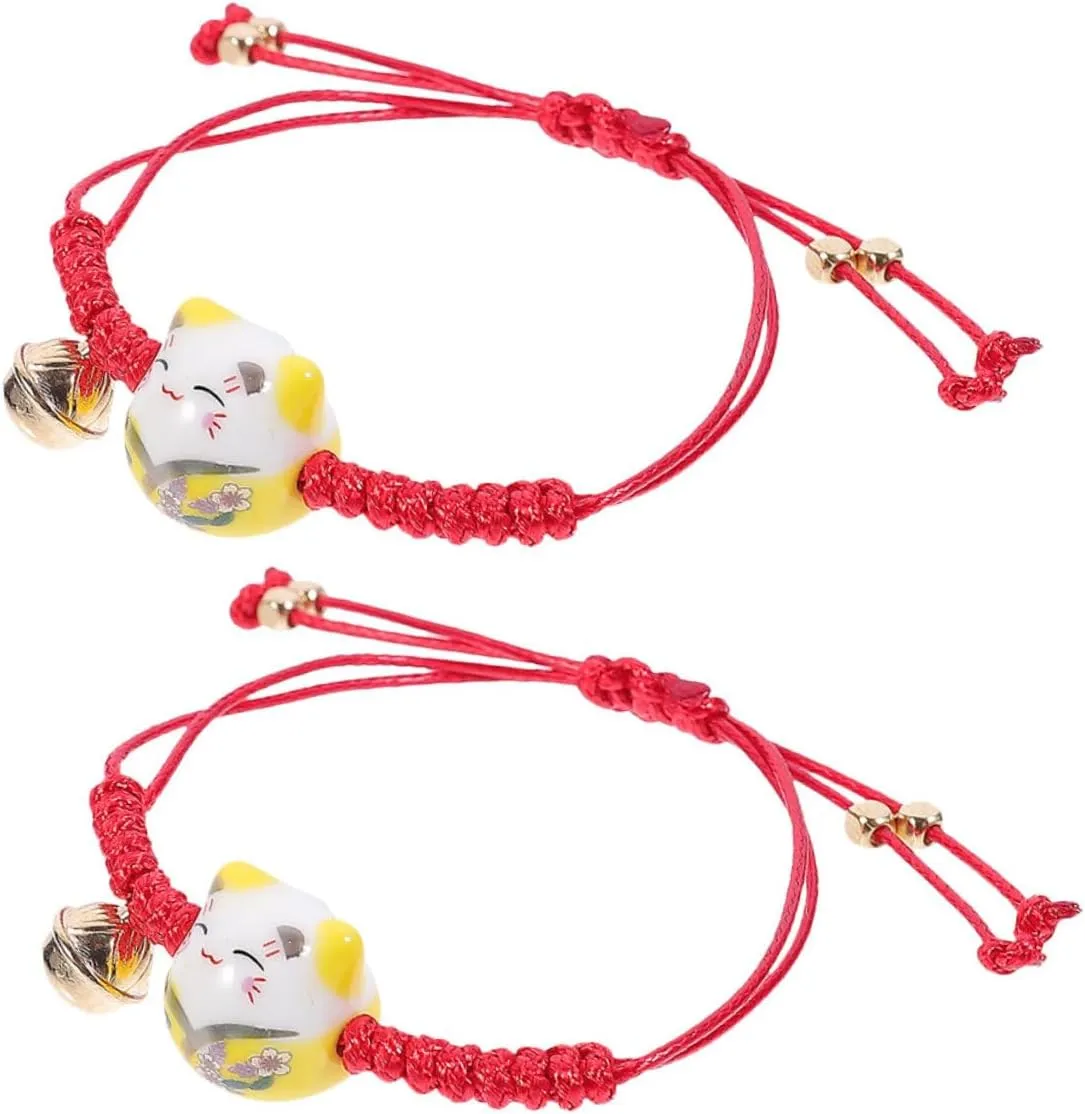 2pcs Cat Maneki Neko Diy Bracelet Yarn Thread String Blue Rope Luck Cat Beads Protection Charm Adjustable Handmade Woven Lucky Bell Charm