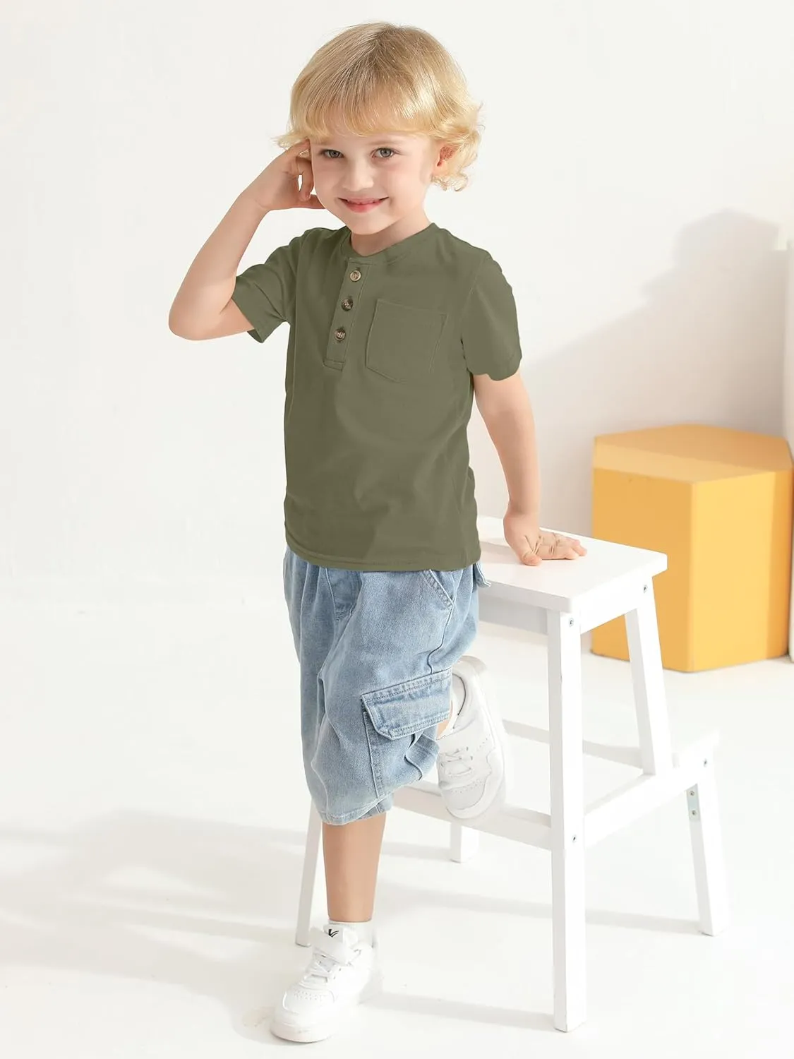 4 Pack Toddler Boys Shirts Toddler Boys Short Sleeve Cotton T Shirts Henley Pocket T-Shirt Tops Tee for Little Kids
