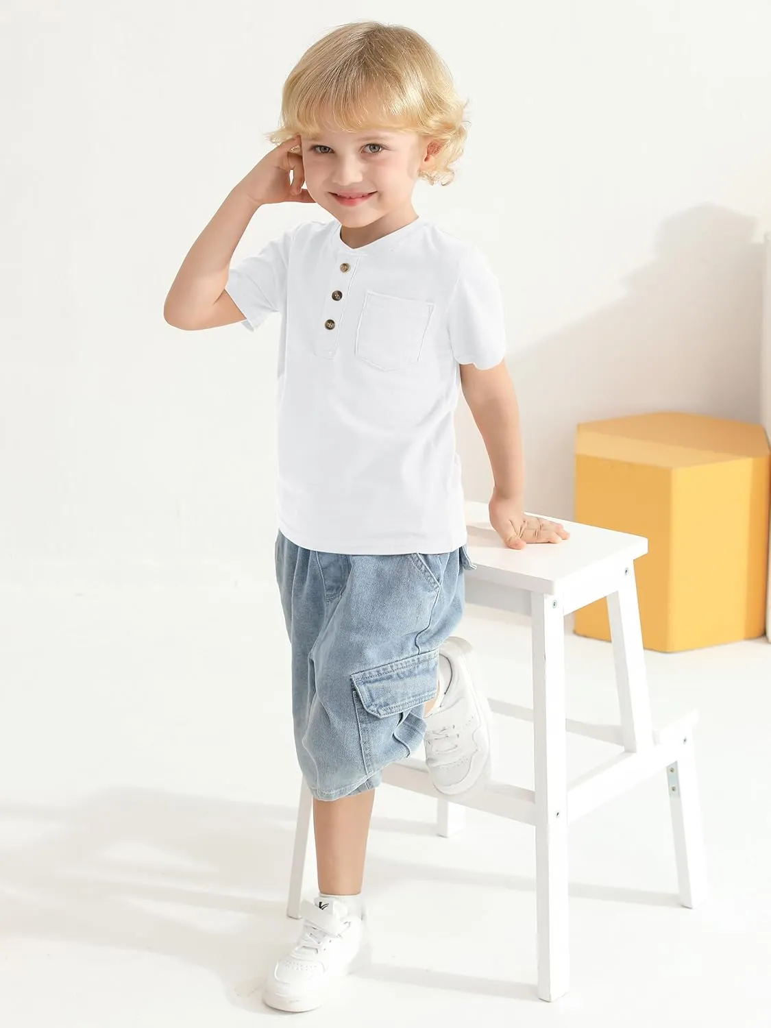 4 Pack Toddler Boys Shirts Toddler Boys Short Sleeve Cotton T Shirts Henley Pocket T-Shirt Tops Tee for Little Kids