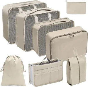 8 Set Packing Cubes for Travel, Luggage Packing Organizers for Women, Mesh Luggage Organizer Bags with Shoe Bag, Cosmetics Bag, Clothing Bag, Accessories Bags (Beige)