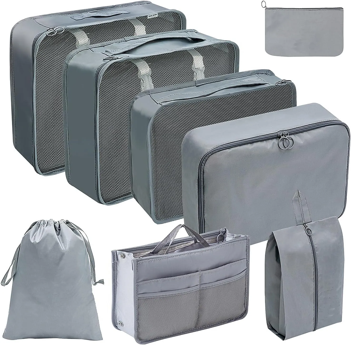 8 Set Packing Cubes for Travel, Luggage Packing Organizers for Women, Mesh Luggage Organizer Bags with Shoe Bag, Cosmetics Bag, Clothing Bag, Accessories Bags (Grey)