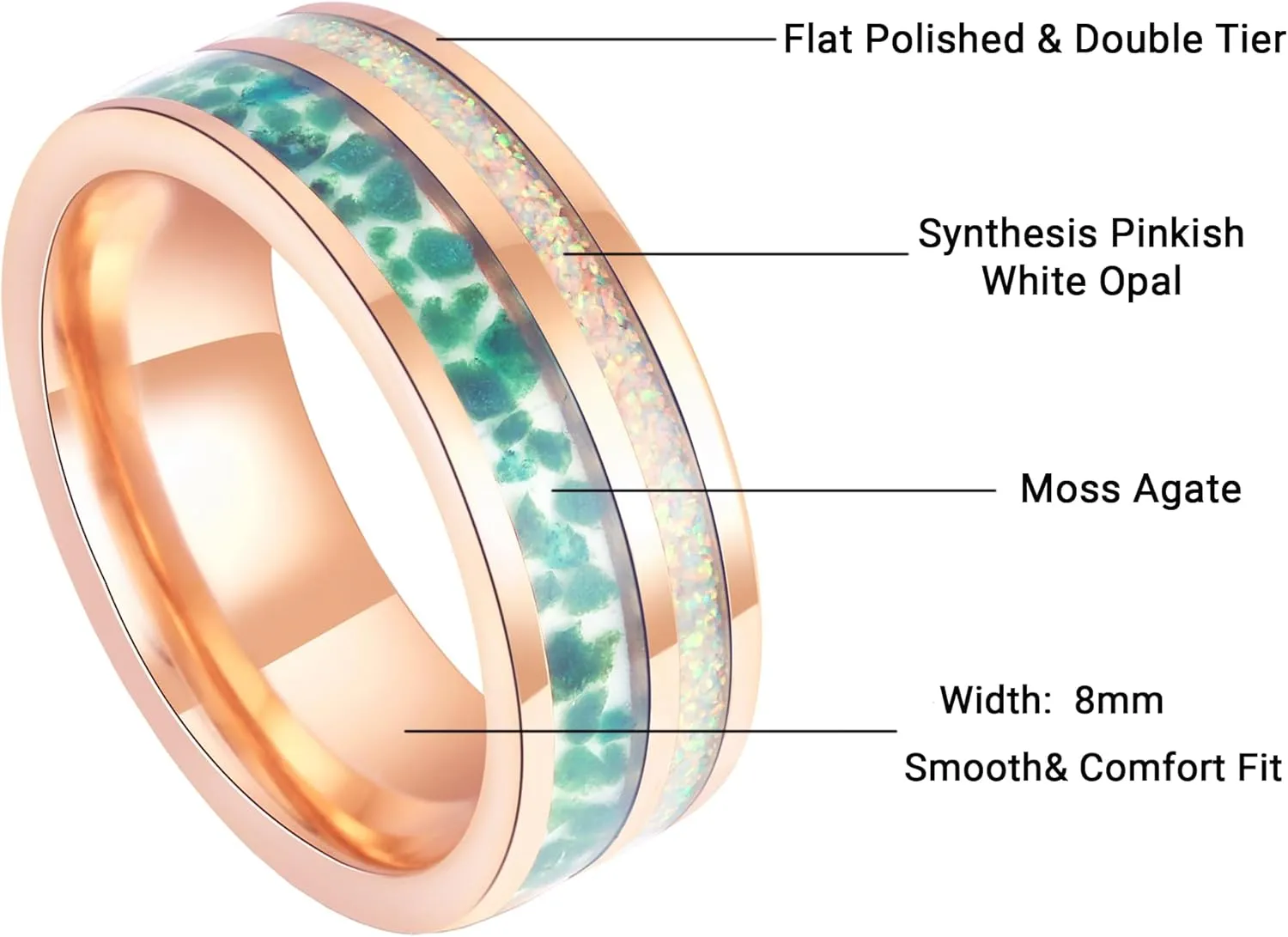 8mm Tungsten Rings for Men Women Black/White/Rose Gold Plated Wedding Promise Bands with Moss Agate/Opal/Wood Inlaid Dome Polished Comfort Fit Size 7-14