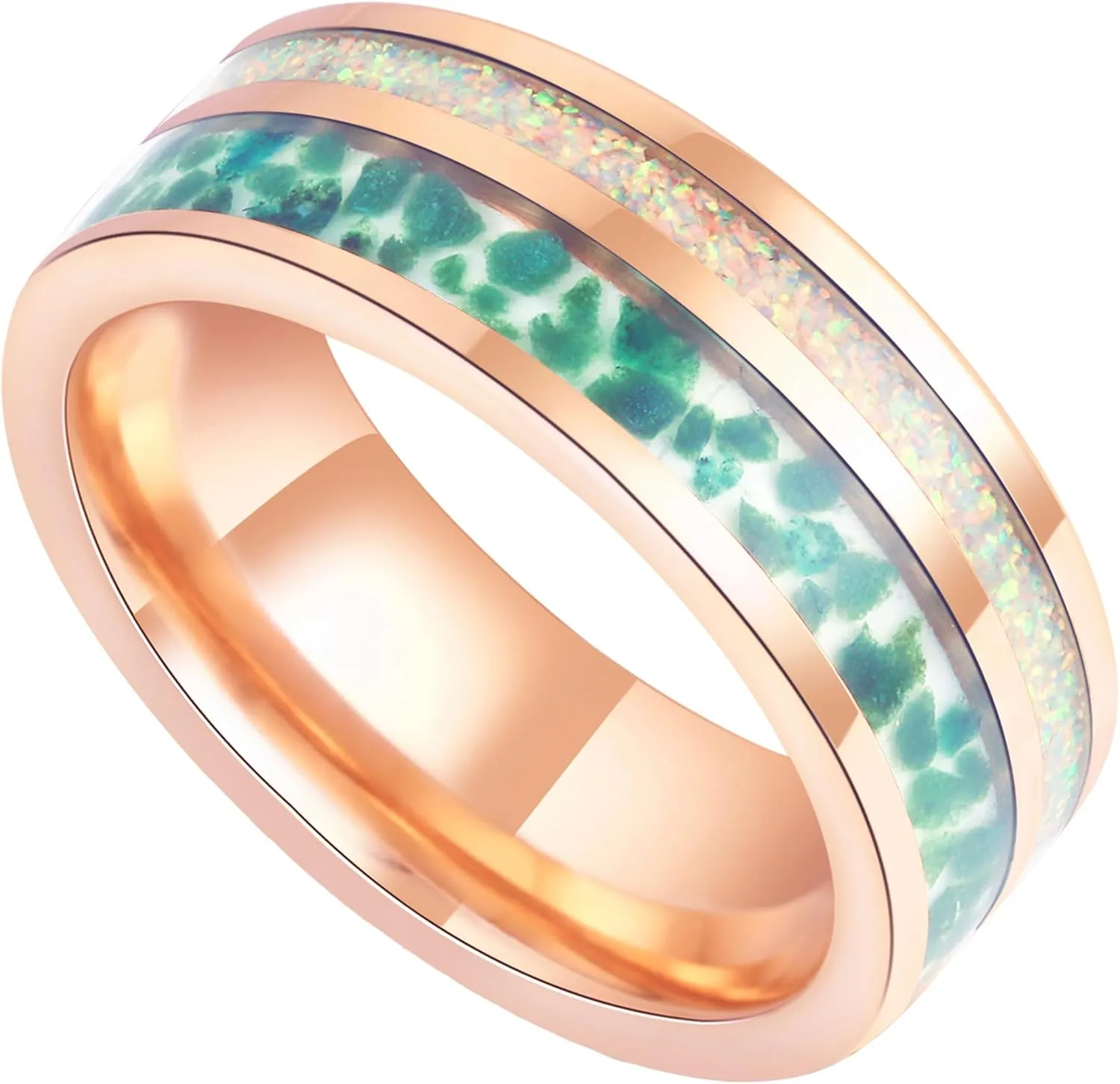 8mm Tungsten Rings for Men Women Black/White/Rose Gold Plated Wedding Promise Bands with Moss Agate/Opal/Wood Inlaid Dome Polished Comfort Fit Size 7-14