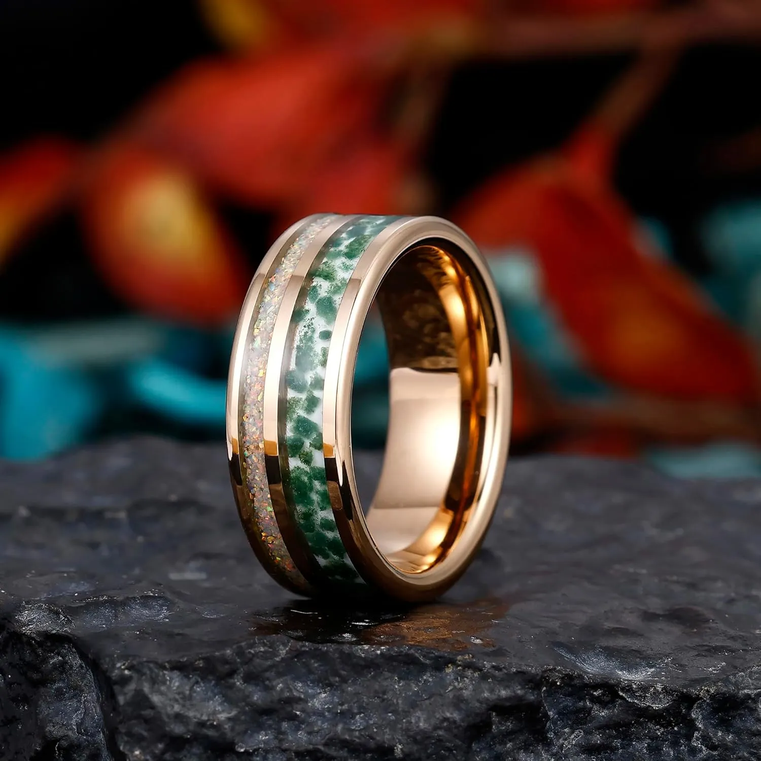 8mm Tungsten Rings for Men Women Black/White/Rose Gold Plated Wedding Promise Bands with Moss Agate/Opal/Wood Inlaid Dome Polished Comfort Fit Size 7-14