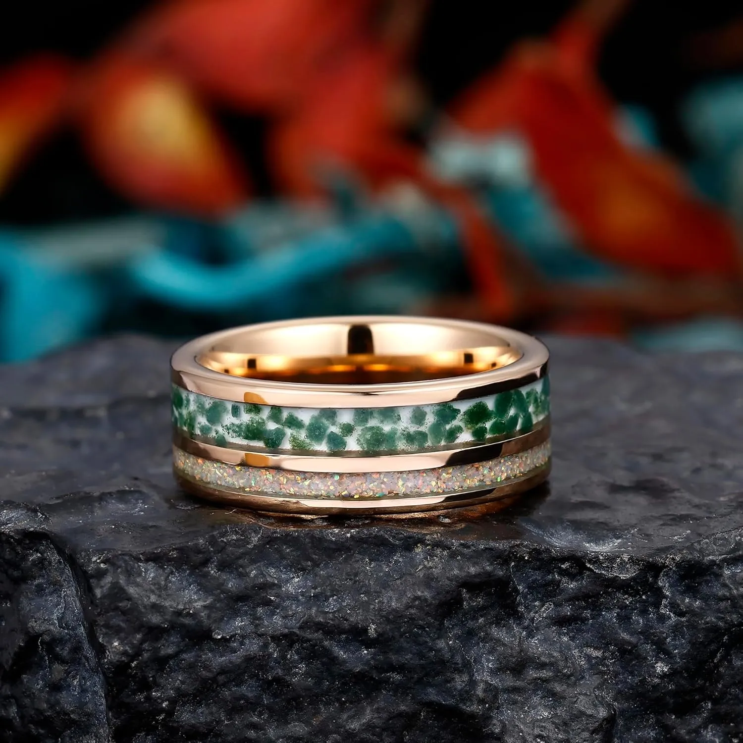 8mm Tungsten Rings for Men Women Black/White/Rose Gold Plated Wedding Promise Bands with Moss Agate/Opal/Wood Inlaid Dome Polished Comfort Fit Size 7-14