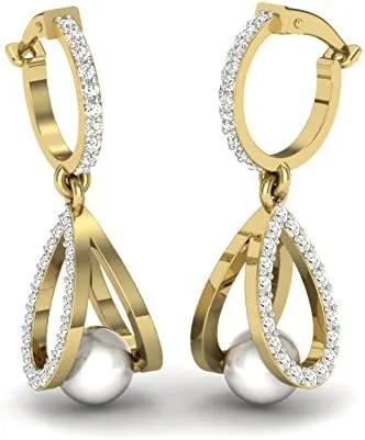 925 Silver Drop Dangle Earrings, Zircon and Pearl Accents, 14K Gold Plated
