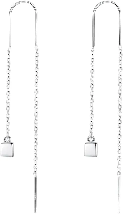 925 Sterling Silver Minimalist Square Geometric Long Tassel Chain Drop Earrings For Women S Accessories Jewelry SSS-1010-AI-70