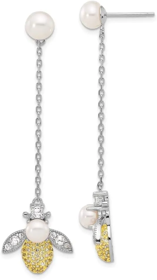 925 Sterling Silver Rhodium-plated Gold-plated Pearl and CZ Bee Dangle Earrings
