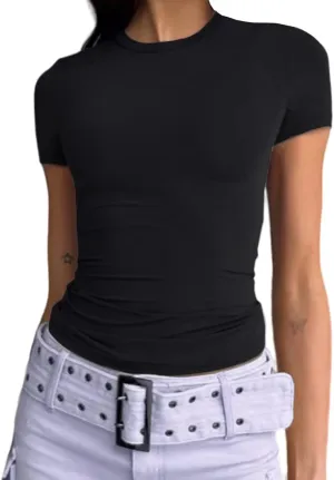 Abardsion Women's Casual Basic Going Out Crop Tops Slim Fit Short Sleeve Crew Neck Tight T Shirts 2025