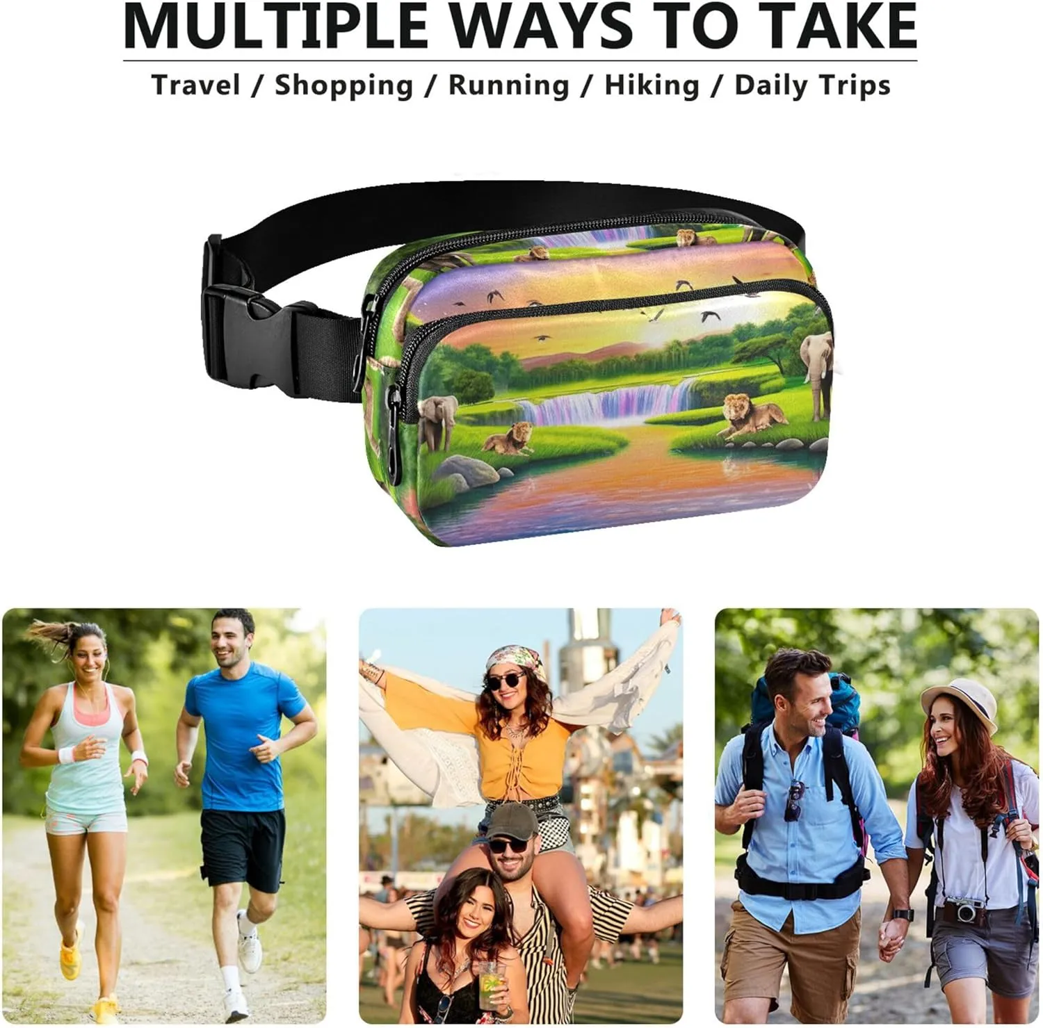 African Scene Animals Elephants Womens Fanny Pack Waterproof Anti Theft Belt Bag Bright Colored Travel Waist Pack for Men