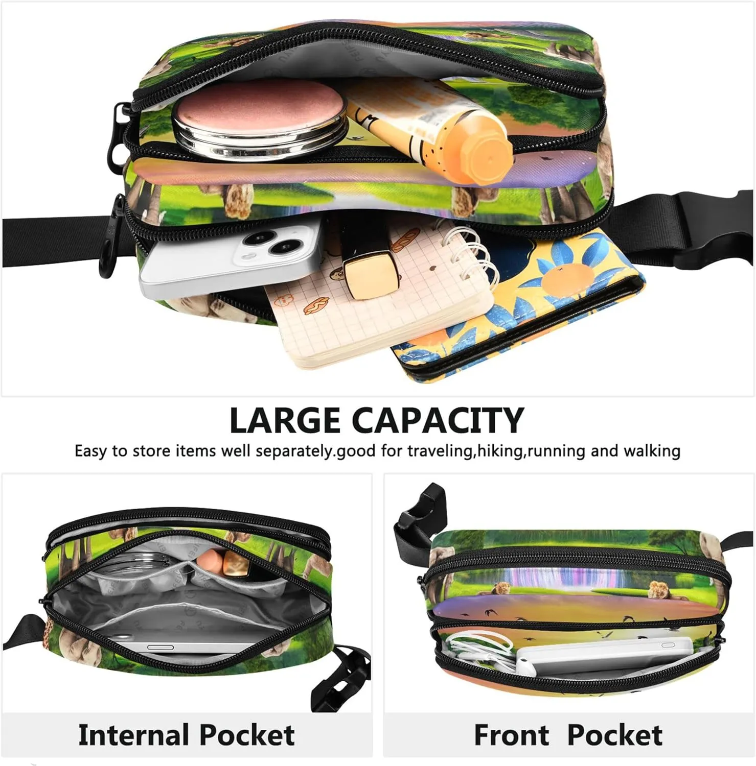 African Scene Animals Elephants Womens Fanny Pack Waterproof Anti Theft Belt Bag Bright Colored Travel Waist Pack for Men