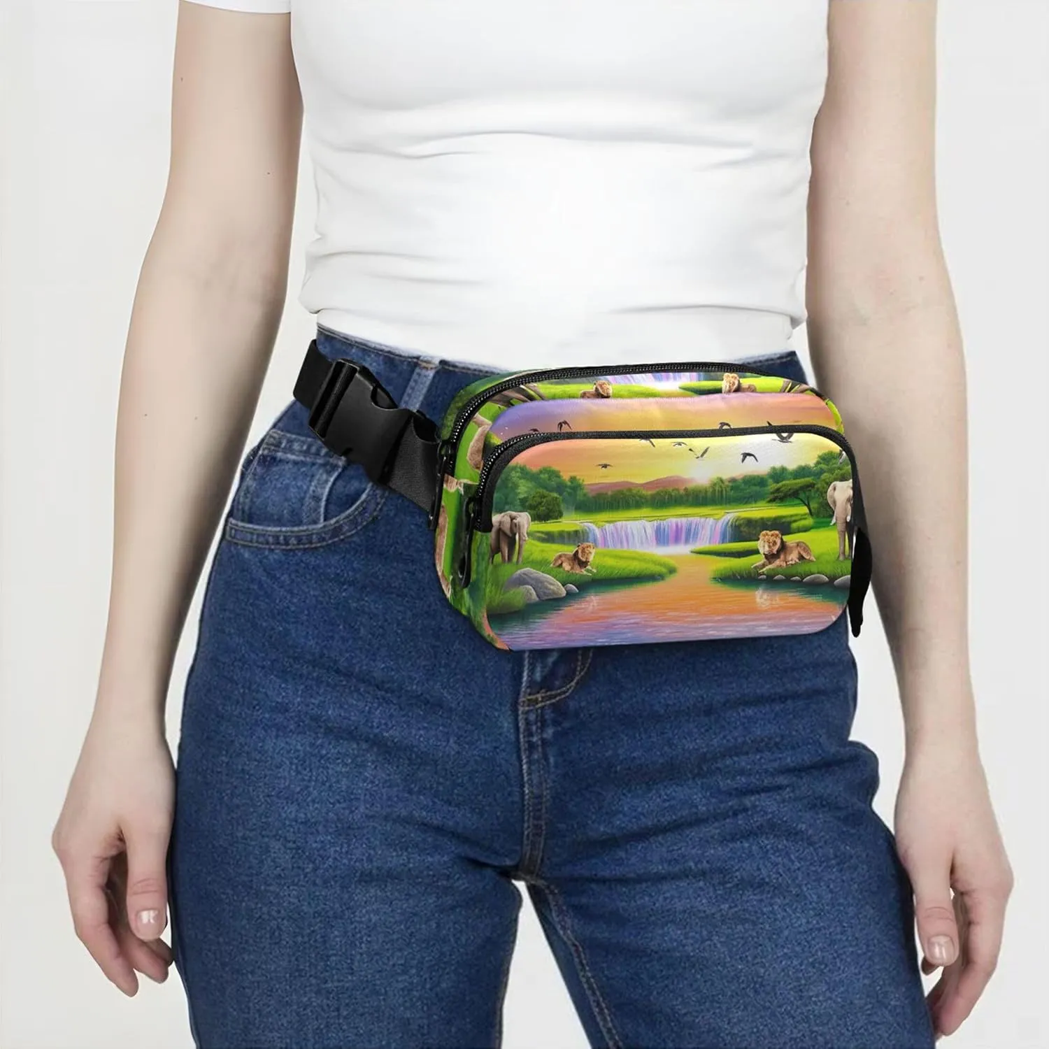 African Scene Animals Elephants Womens Fanny Pack Waterproof Anti Theft Belt Bag Bright Colored Travel Waist Pack for Men