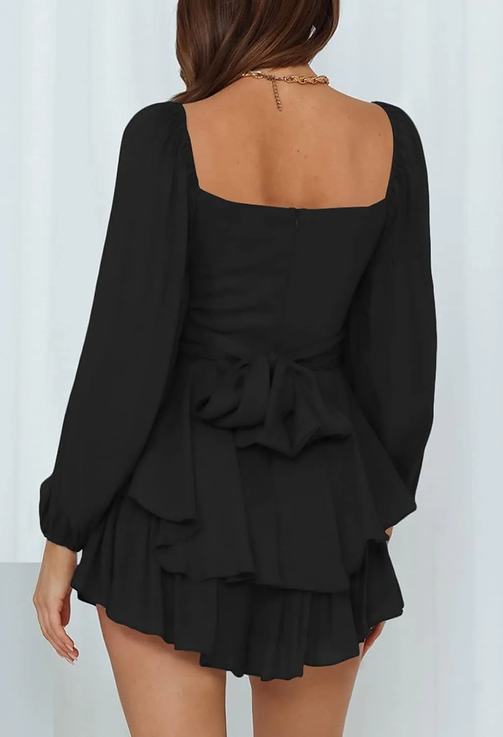Ahtyeo Women's Casual Off Shoulder Romper Double Layer Ruffle Hem Waist Tie Short Jumpsuits Long Baggy Sleeves Mini Dress