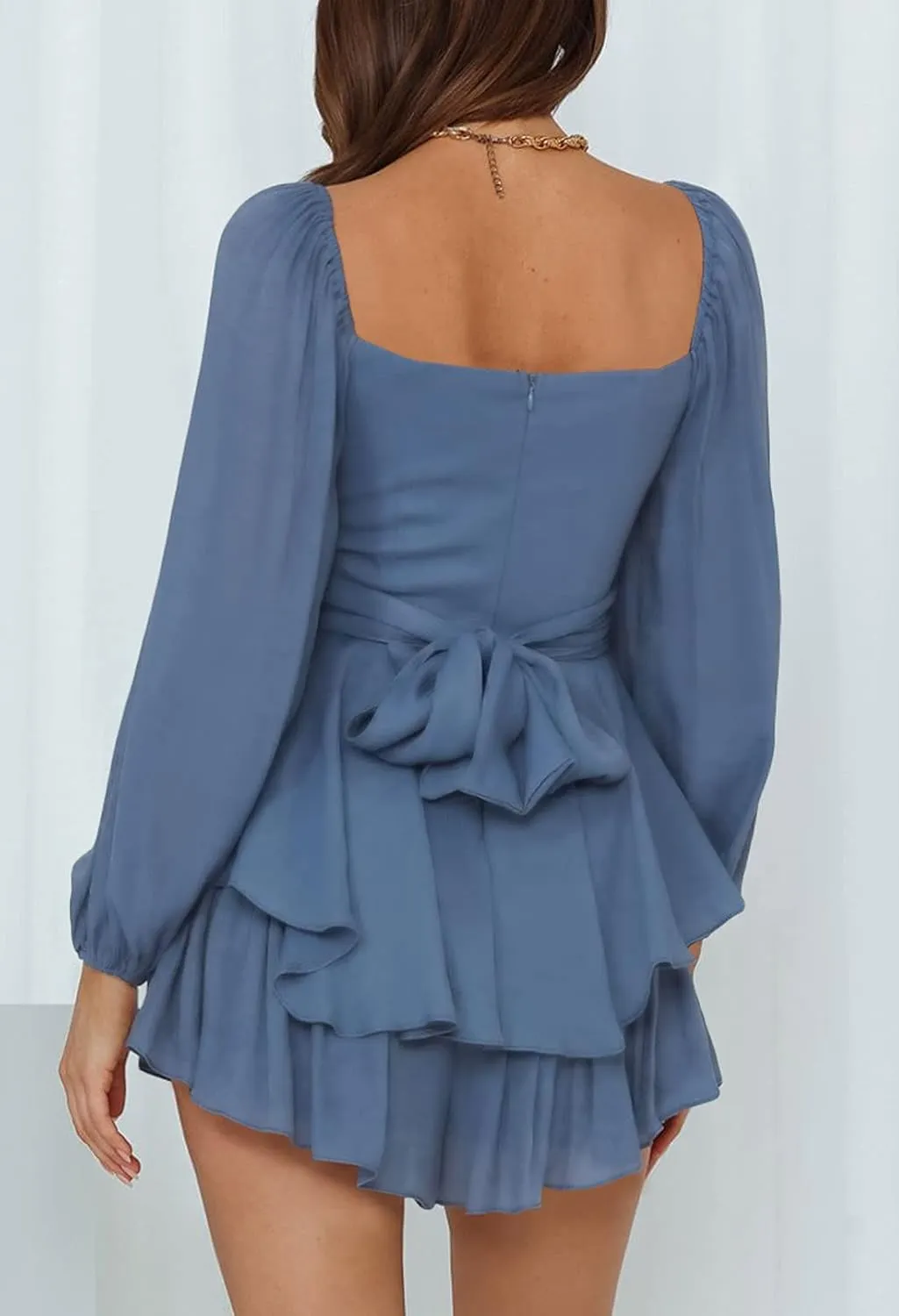 Ahtyeo Women's Casual Off Shoulder Romper Double Layer Ruffle Hem Waist Tie Short Jumpsuits Long Baggy Sleeves Mini Dress