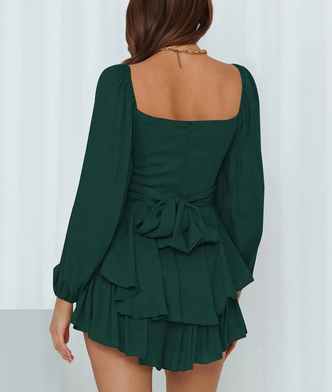 Ahtyeo Women's Casual Off Shoulder Romper Double Layer Ruffle Hem Waist Tie Short Jumpsuits Long Baggy Sleeves Mini Dress