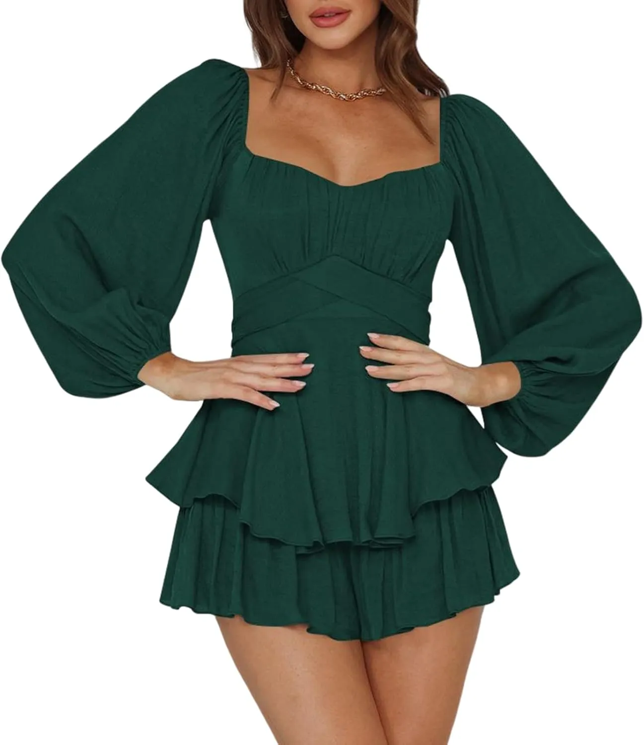 Ahtyeo Women's Casual Off Shoulder Romper Double Layer Ruffle Hem Waist Tie Short Jumpsuits Long Baggy Sleeves Mini Dress