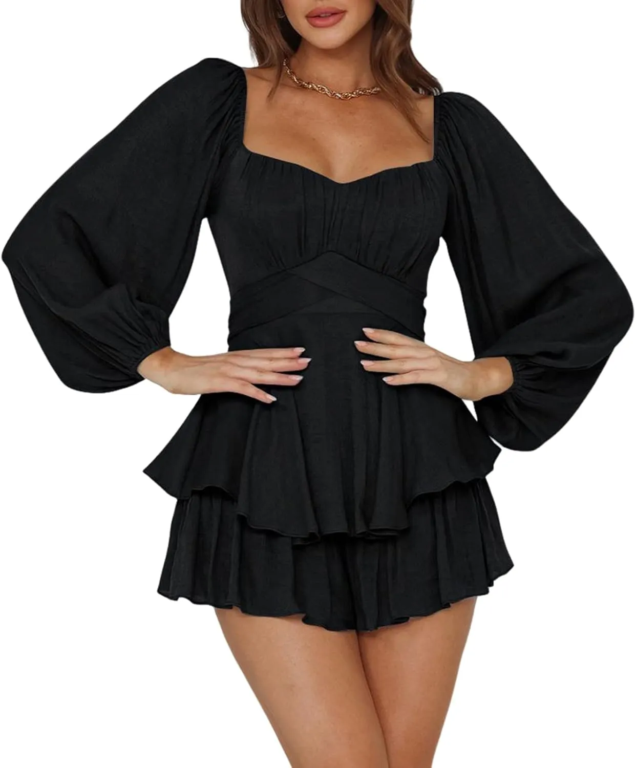 Ahtyeo Women's Casual Off Shoulder Romper Double Layer Ruffle Hem Waist Tie Short Jumpsuits Long Baggy Sleeves Mini Dress