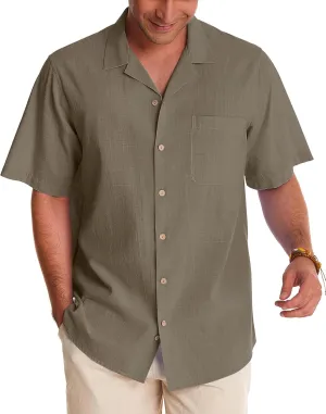 Alimens & Gentle Cuban Linen Shirts for Men Short Sleeve Button Down Shirt Cotton Summer Beach Camp Vacation Hawaiian Shirts