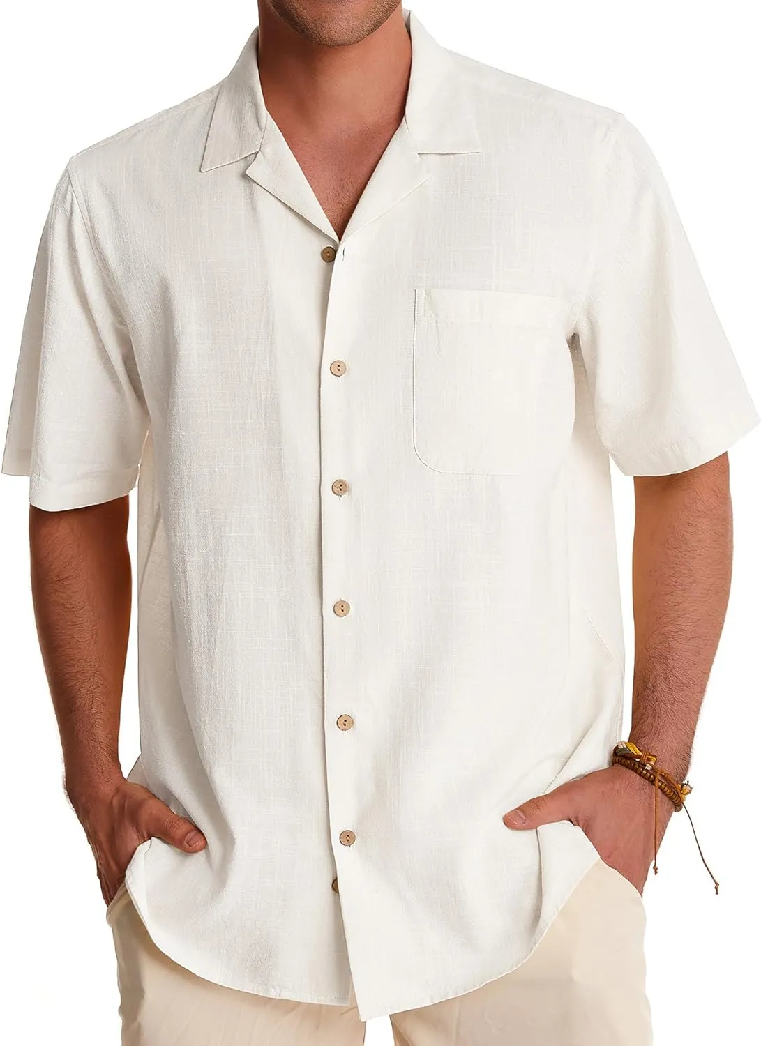 Alimens & Gentle Cuban Linen Shirts for Men Short Sleeve Button Down Shirt Cotton Summer Beach Camp Vacation Hawaiian Shirts