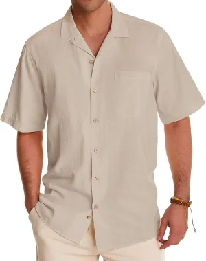 Alimens & Gentle Cuban Linen Shirts for Men Short Sleeve Button Down Shirt Cotton Summer Beach Camp Vacation Hawaiian Shirts