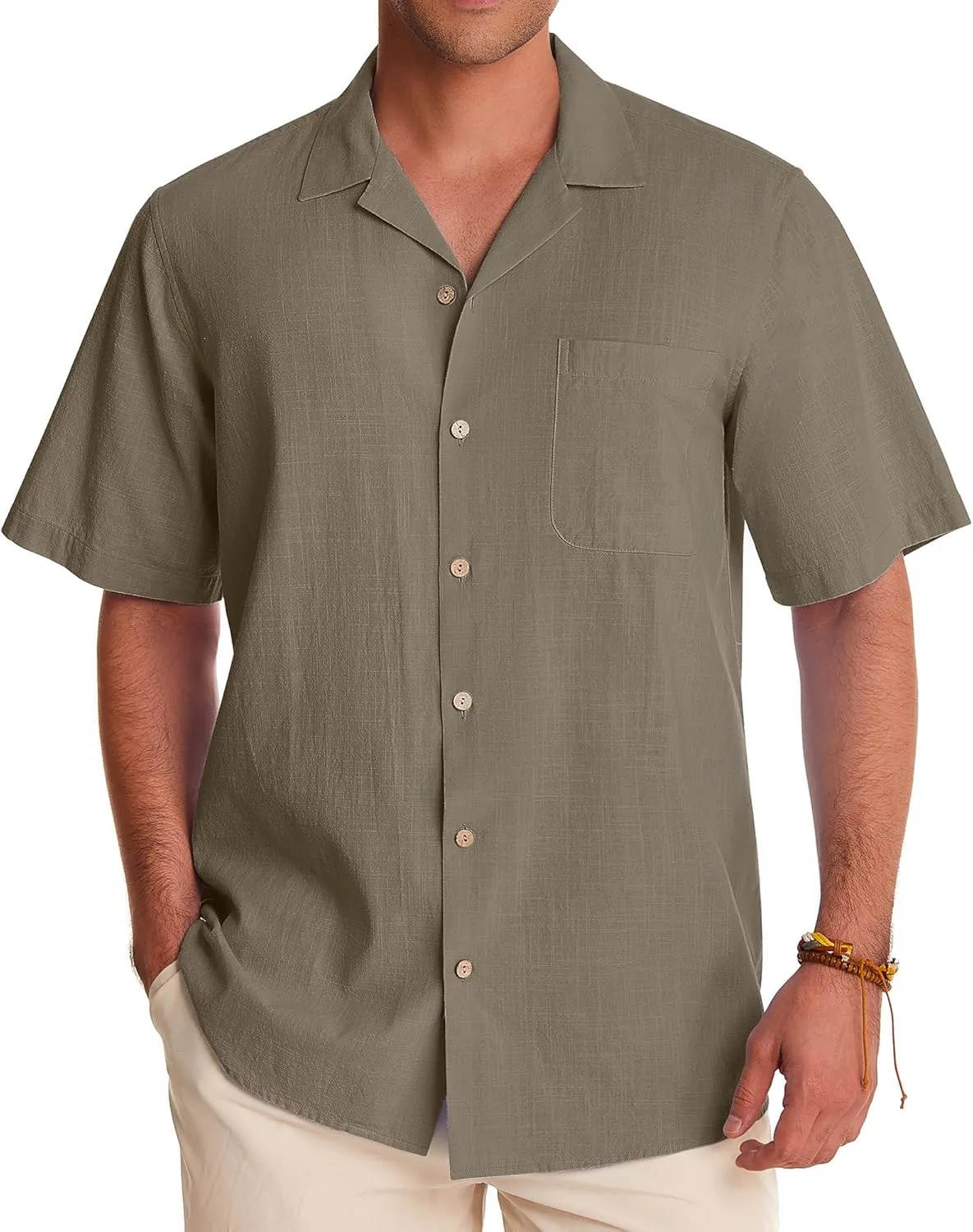 Alimens & Gentle Cuban Linen Shirts for Men Short Sleeve Button Down Shirt Cotton Summer Beach Camp Vacation Hawaiian Shirts