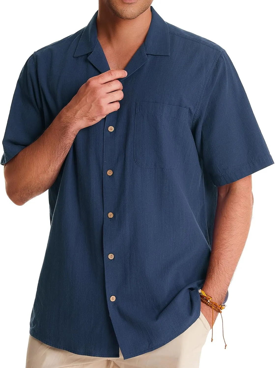 Alimens & Gentle Cuban Linen Shirts for Men Short Sleeve Button Down Shirt Cotton Summer Beach Camp Vacation Hawaiian Shirts
