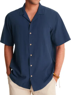 Alimens & Gentle Cuban Linen Shirts for Men Short Sleeve Button Down Shirt Cotton Summer Beach Camp Vacation Hawaiian Shirts