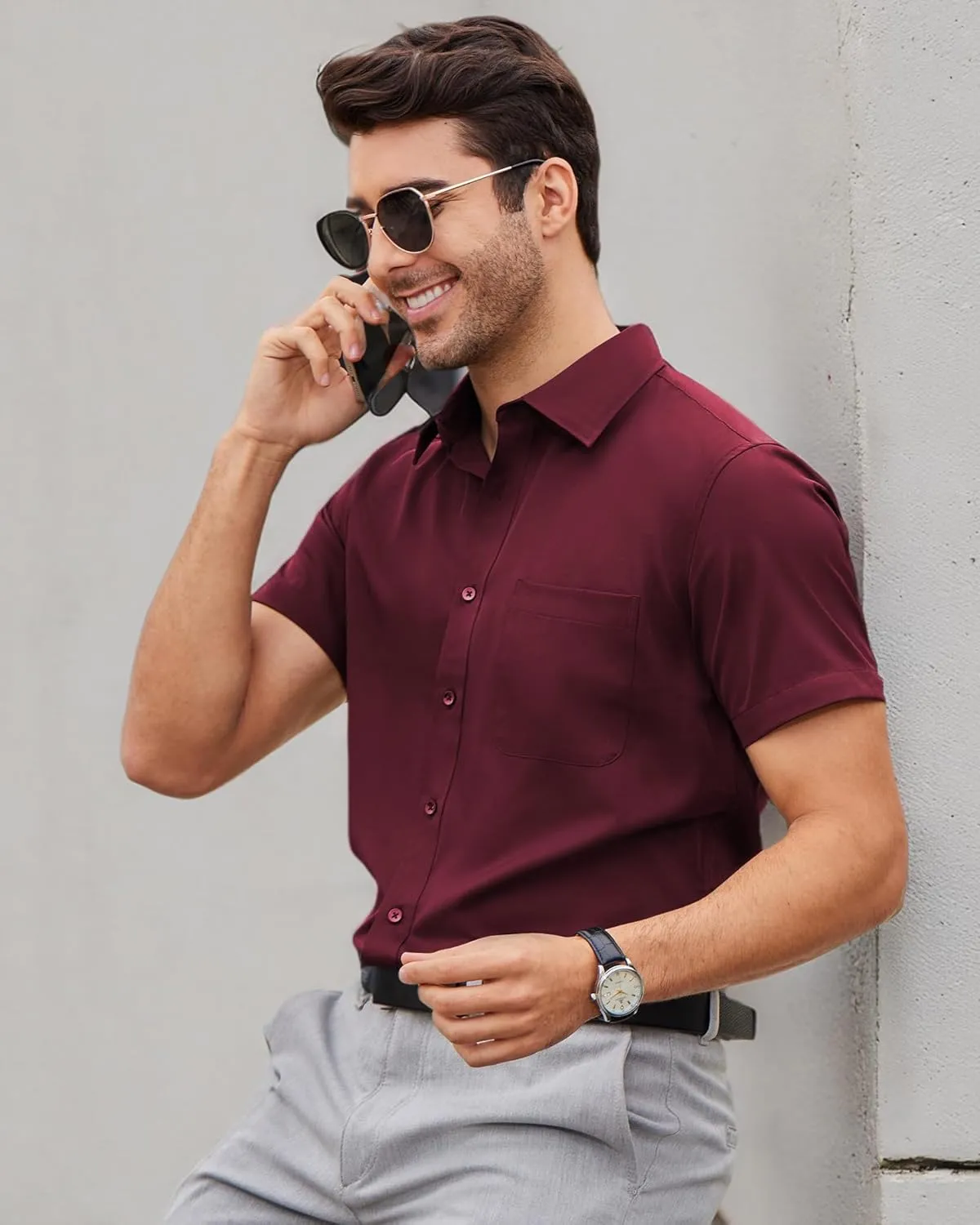 Alimens & Gentle Mens Short Sleeve Dress Shirts Wrinkle Free Solid Casual Button Down Shirts with Pocket
