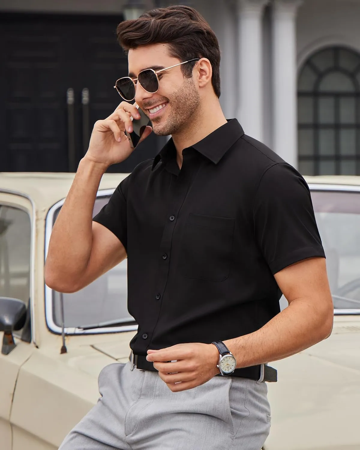Alimens & Gentle Mens Short Sleeve Dress Shirts Wrinkle Free Solid Casual Button Down Shirts with Pocket