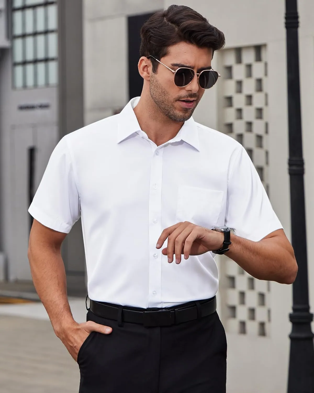 Alimens & Gentle Mens Short Sleeve Dress Shirts Wrinkle Free Solid Casual Button Down Shirts with Pocket