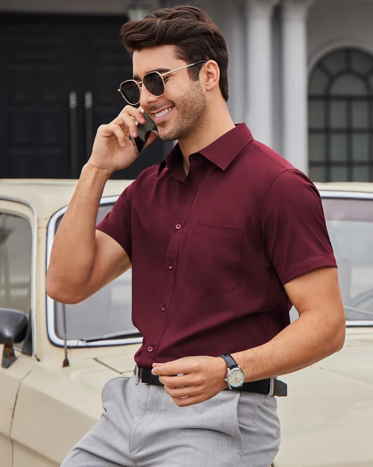 Alimens & Gentle Mens Short Sleeve Dress Shirts Wrinkle Free Solid Casual Button Down Shirts with Pocket
