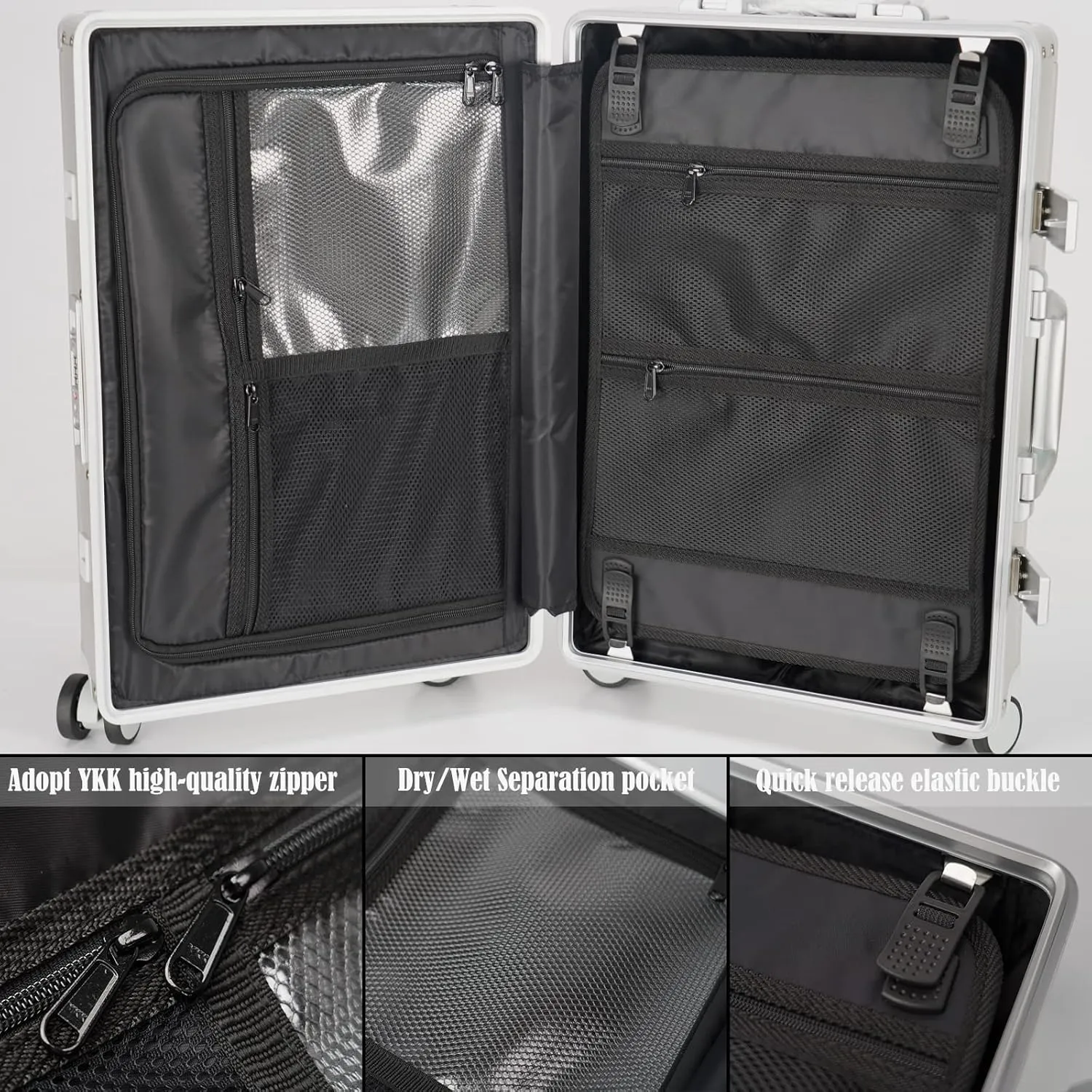 Aluminum Carry-on Luggage: Silver 20 inch Aluminum-Made Entire Shell Zipperless USB-C Port TSA Locks Spinner - Weekend Getaways International travel Business