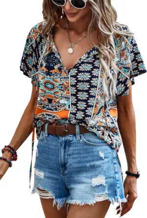 Angashion Women's Summer Tops Casual Floral Print V Neck Ruffle Short Sleeve Loose Tunic T Shirt Blouse